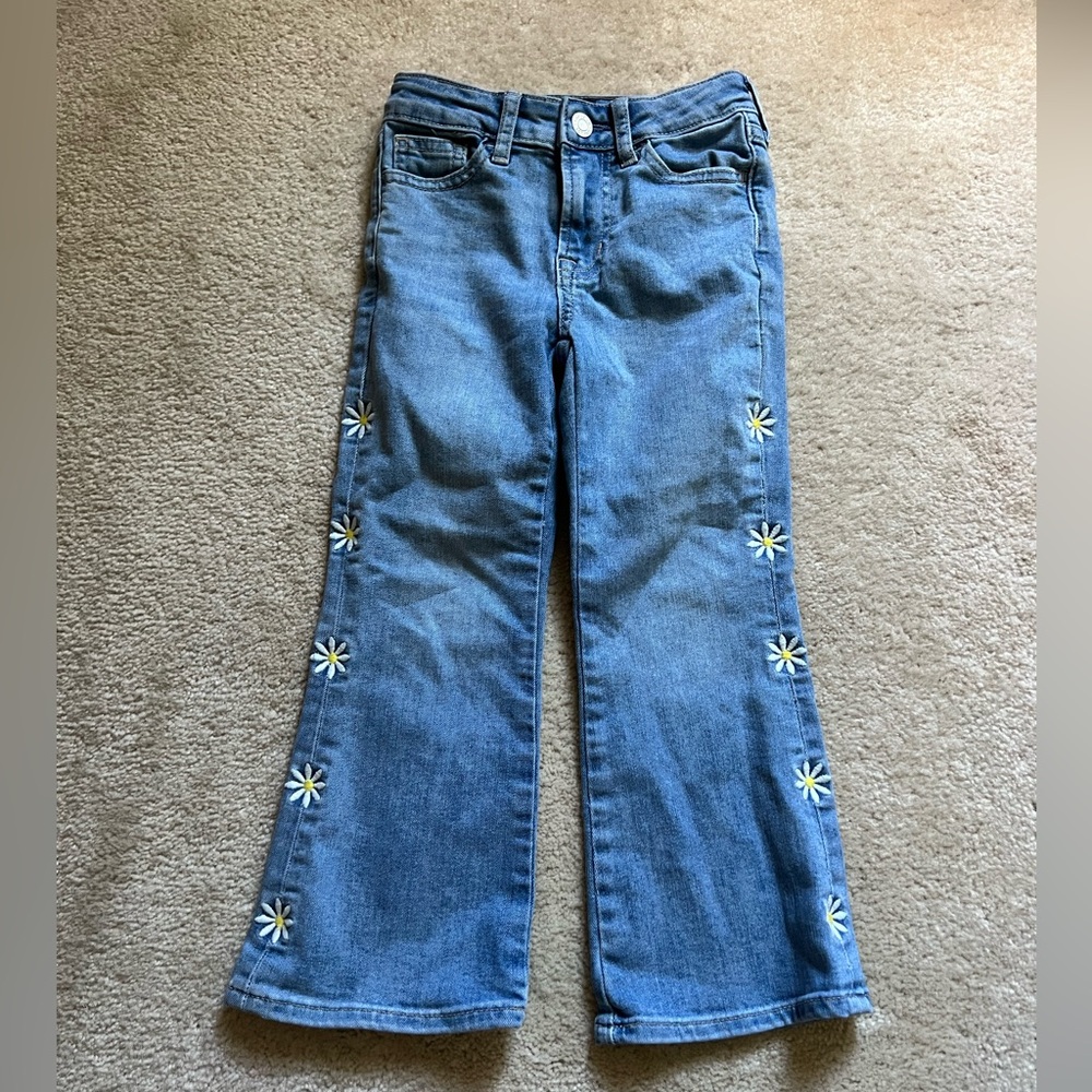 GAP Blue Flare Jeans with Daisy Embroidery Size 5